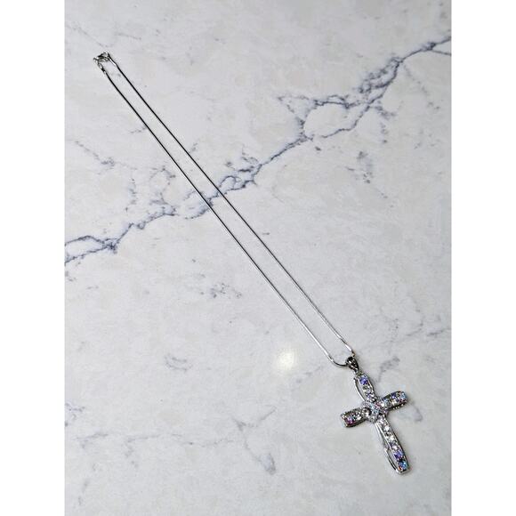 White Gold Plated Crystal Cross Necklace - Picture 12 of 12